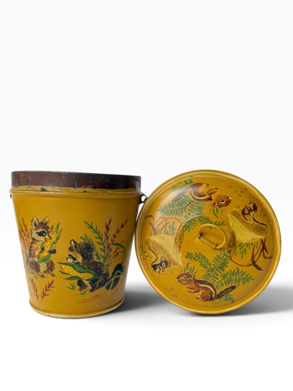 Vintage Woodland Animals Mushroom Hand Painted Metal Lidded Kitchen Canister